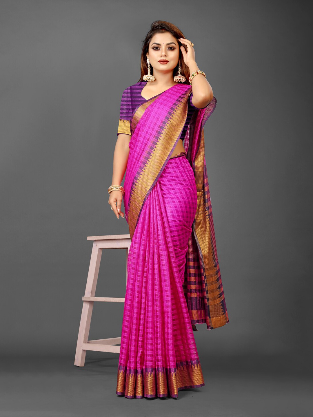 

KALINI Checked Zari Organza Ikat Saree, Pink