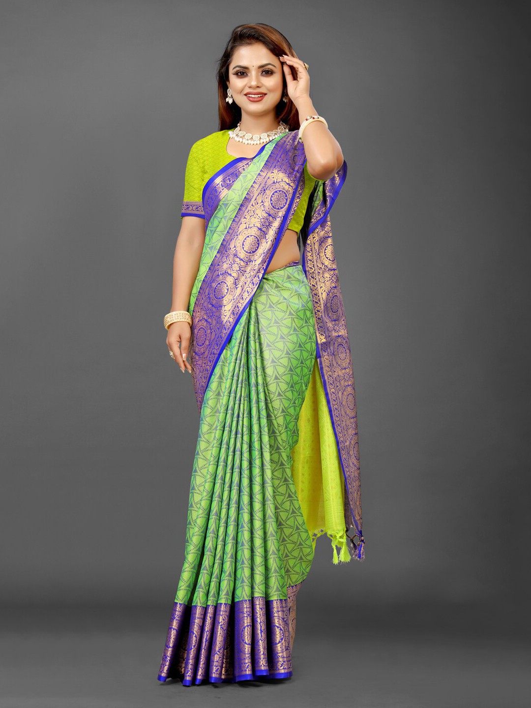 

KALINI Ethnic Motifs Woven Design Zari Pure Silk Ikat Saree, Fluorescent green