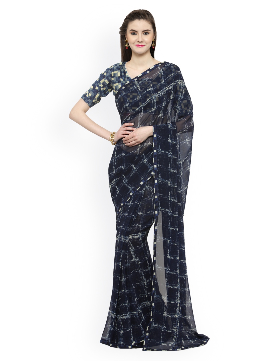 

Shaily Navy Blue Printed Pure Georgette Saree