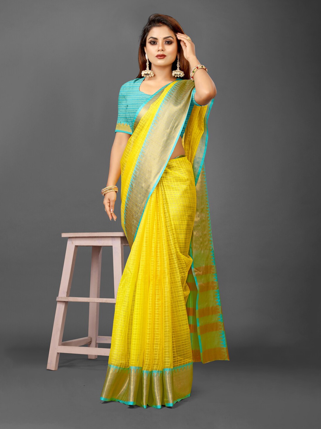 

KALINI Checked Zari Organza Ikat Saree, Lime green