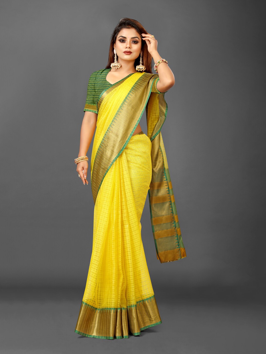 

KALINI Checked Zari Organza Ikat Saree, Lime green