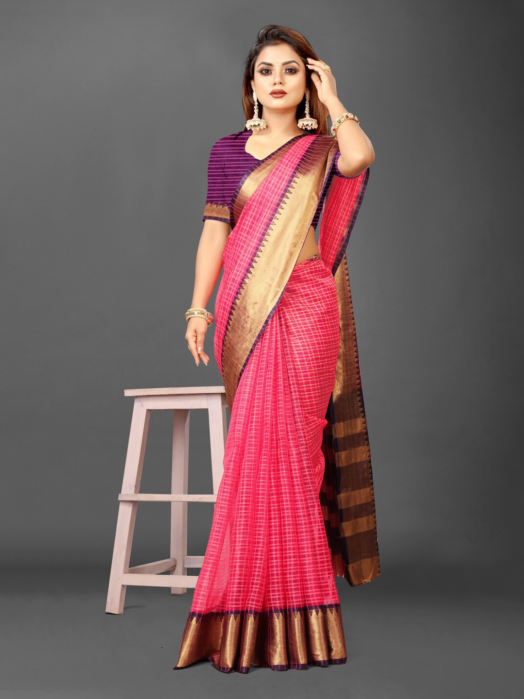 

KALINI Checked Zari Organza Ikat Saree, Pink