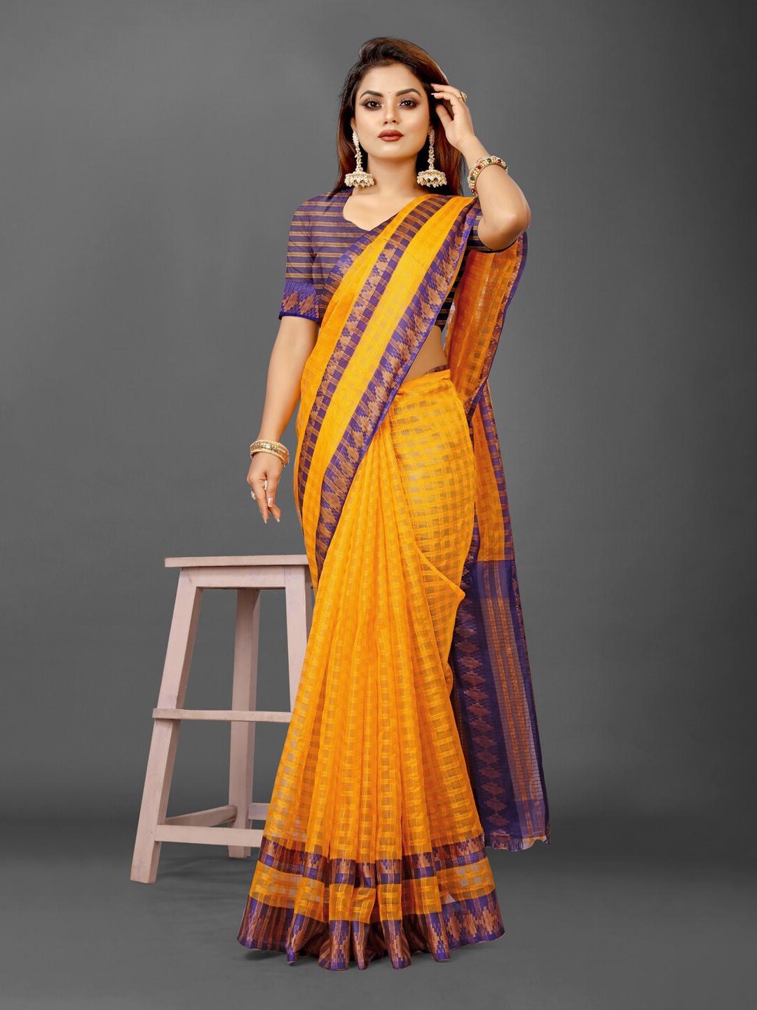 

KALINI Checked Zari Organza Ikat Saree, Mustard