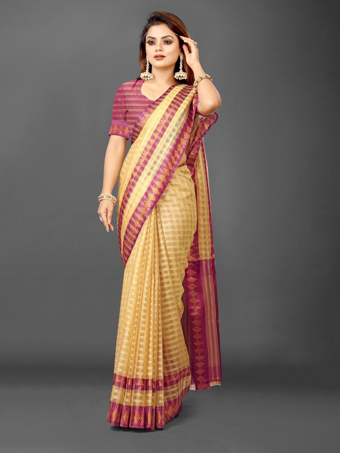 

KALINI Checked Zari Organza Ikat Saree, Beige