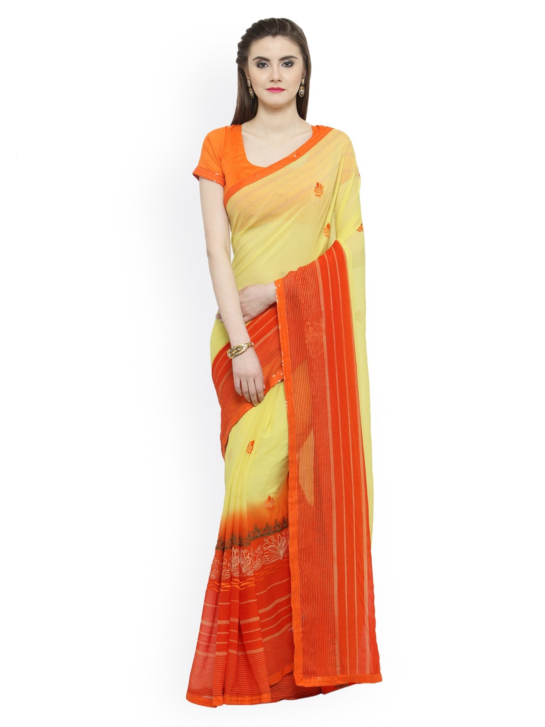 

Shaily Yellow & Orange Pure Chiffon Printed Saree