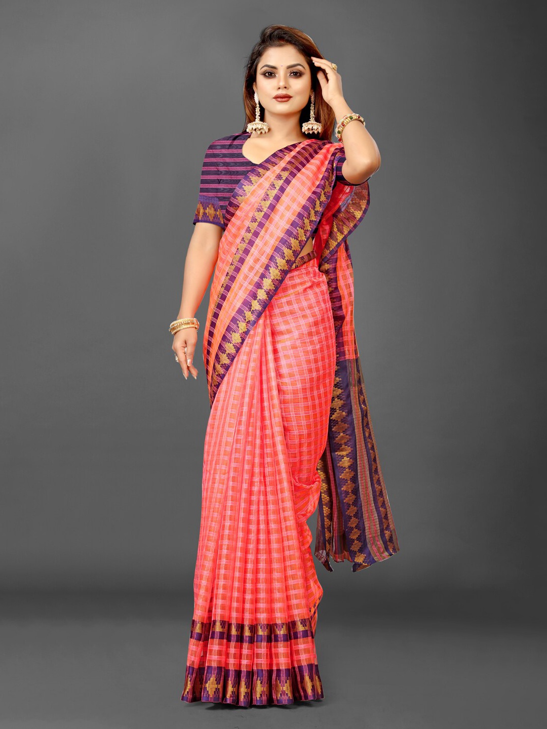 

KALINI Checked Zari Organza Ikat Saree, Pink