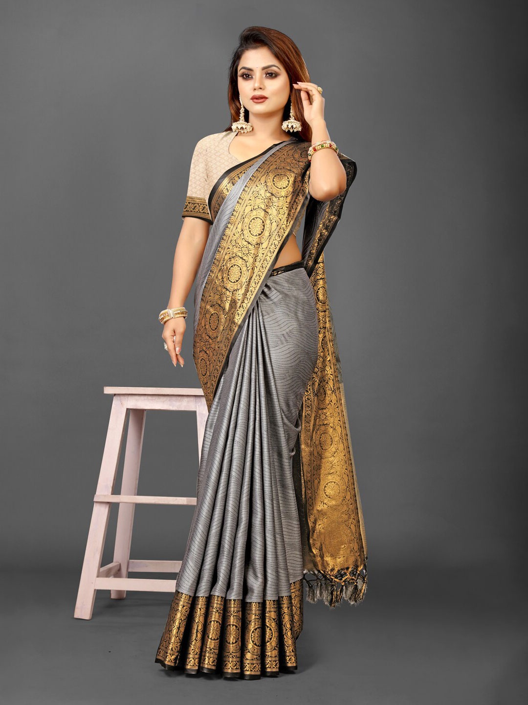 

KALINI Woven Design Zari Pure Silk Ikat Saree, Grey