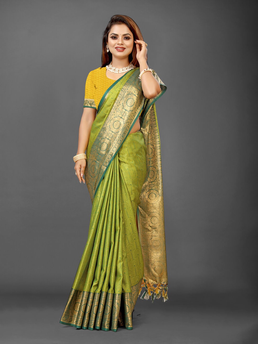 

KALINI Lime Woven Design Zari Pure Silk Ikat Saree, Lime green