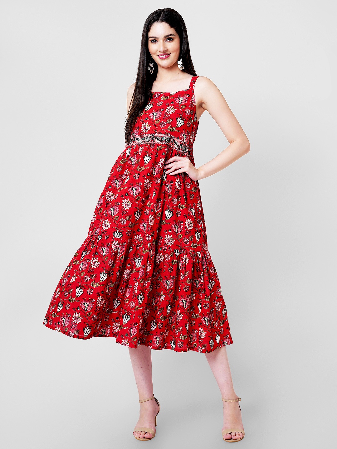 

KALINI Floral Printed Shoulder Straps Gathered Tiered Pure Cotton Fit & Flare Midi Dress, Red