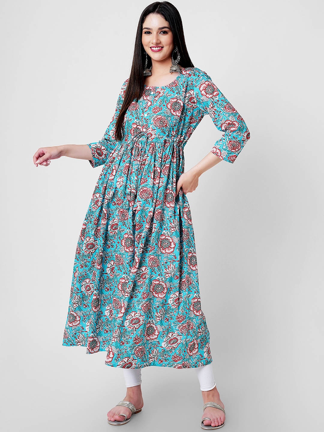 

KALINI Floral Printed Cotton A-line Kurta, Sea green