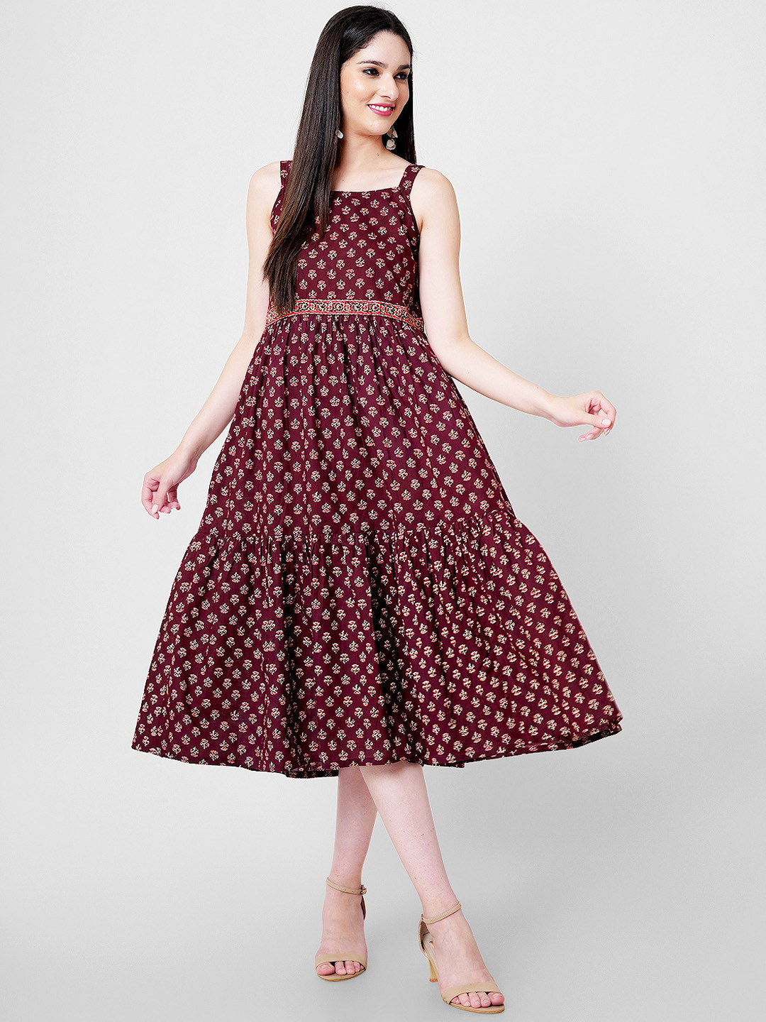 

KALINI Floral Printed Tiered Fit & Flare Cotton Midi Dress, Maroon