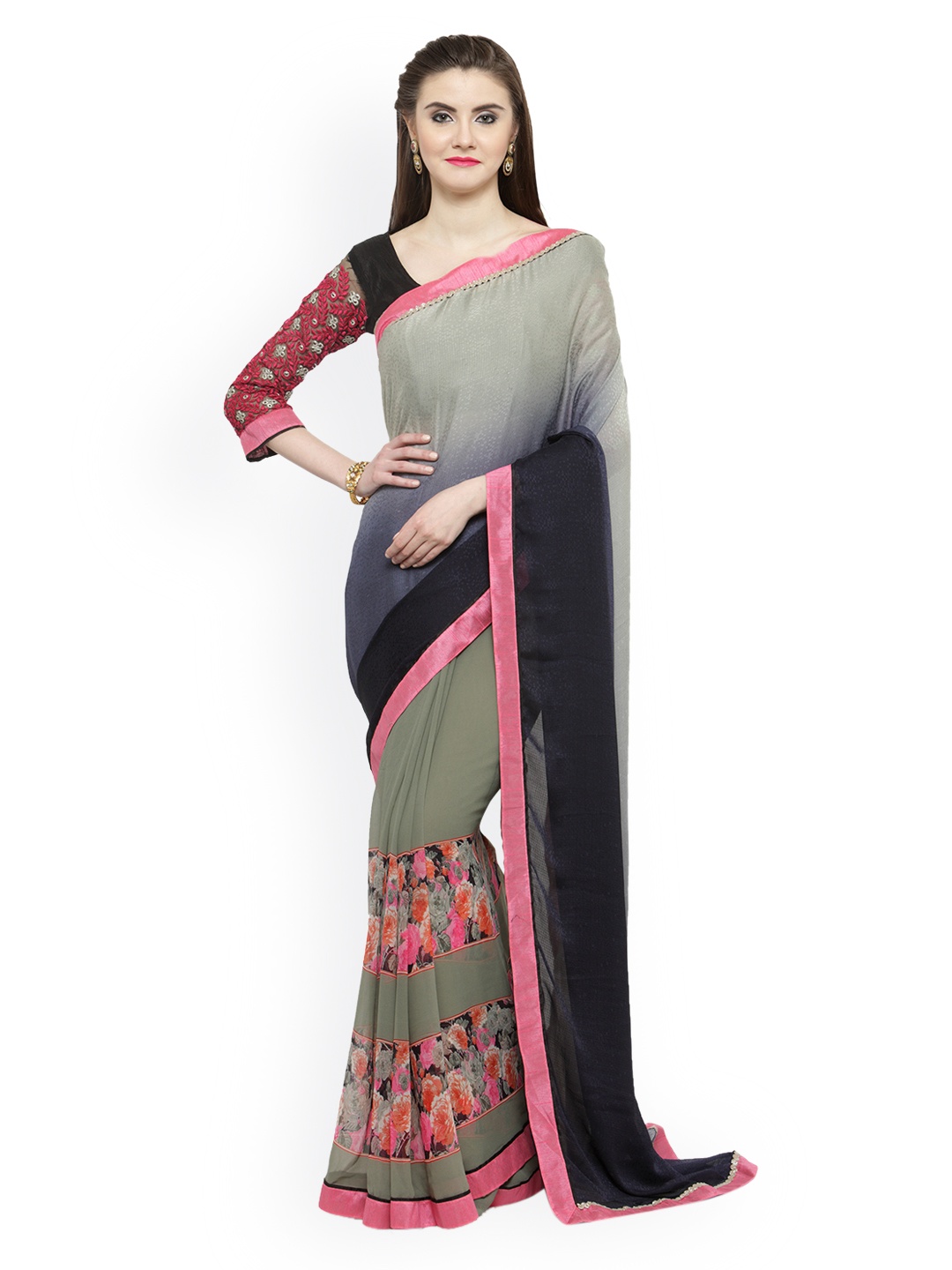 

Shaily Grey & Blue Pure Georgette Printed Saree
