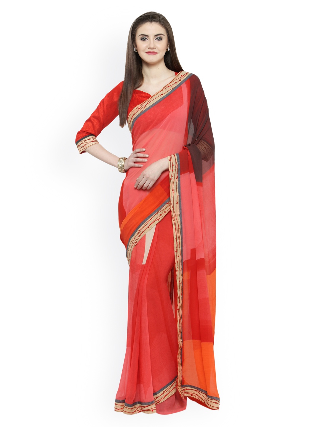 

Shaily Peach-Coloured & Orange Pure Georgette Printed Saree