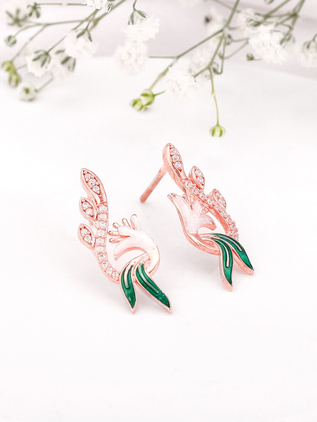 

GIVA Rose Gold-Plated 925 Sterling Silver Stone-Studded Leaf Shaped Stud Earrings