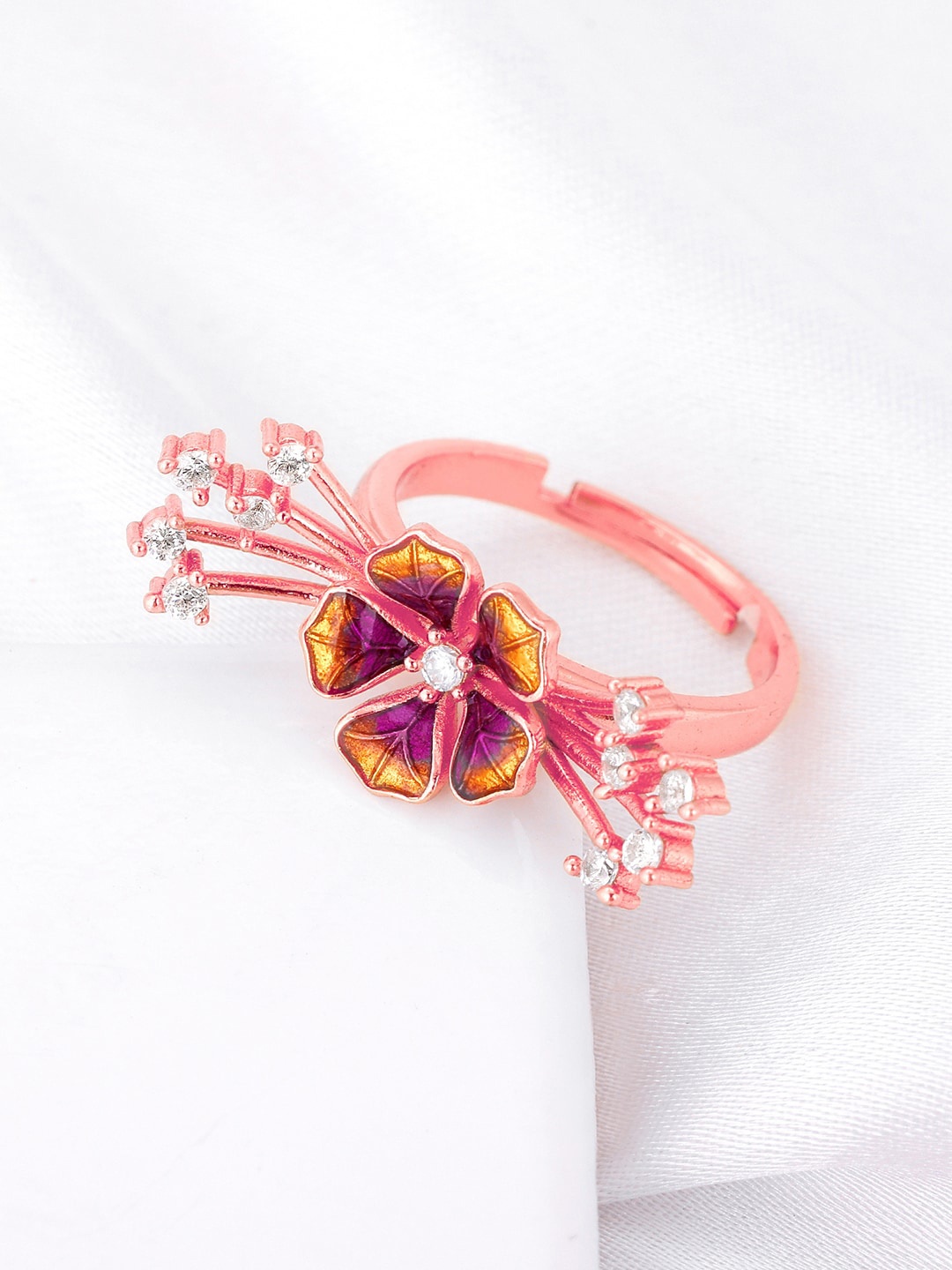 

GIVA 925 Sterling Silver Rose Gold-Plated Stone Studded Adjustable Finger Ring
