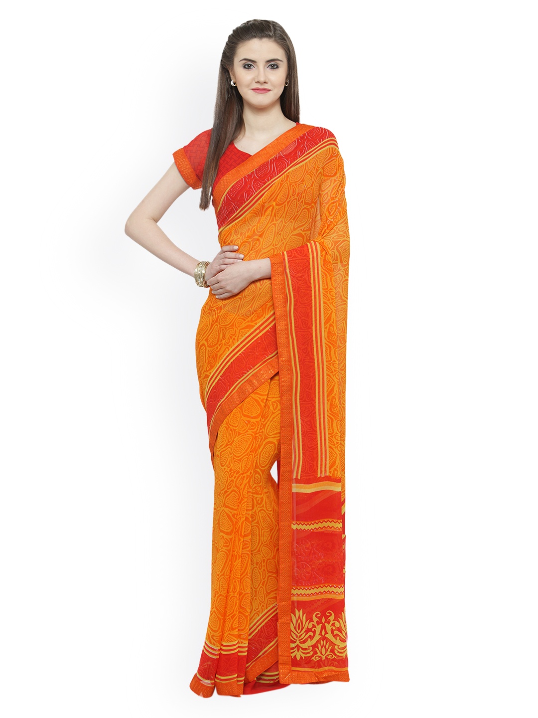 

Shaily Orange & Red Pure Georgette Printed Saree