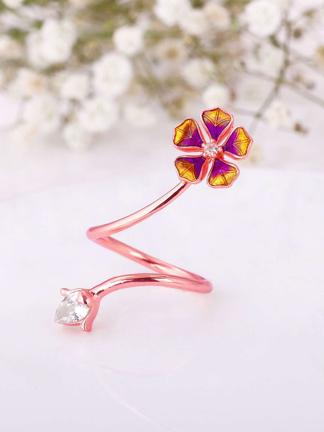 

GIVA 925 Sterling Silver Rose Gold-Plated Stone Studded Adjustable Finger Ring