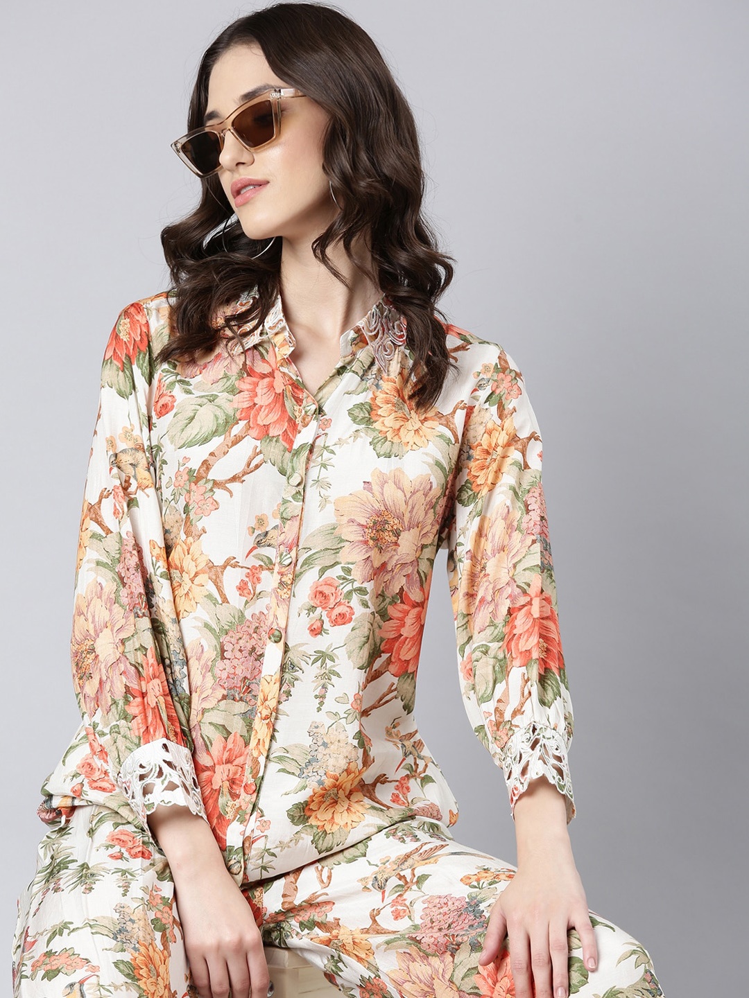 

SHOWOFF Floral Printed Shirt & Trousers, Off white