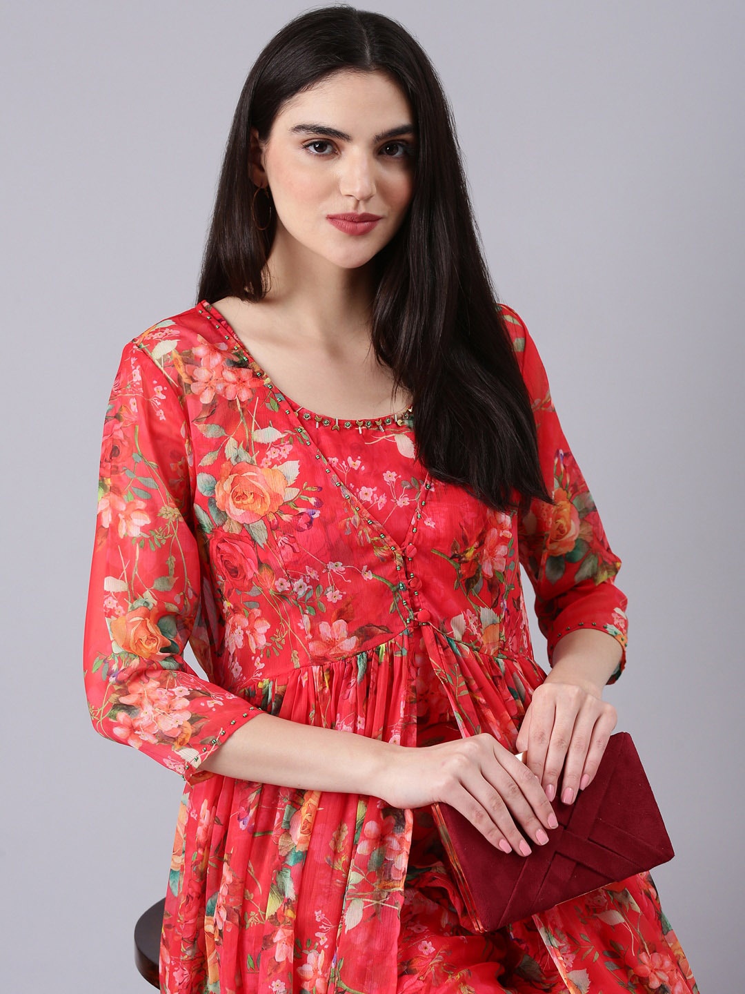 

SHOWOFF Printed Crop Top & Flared Jacket With Palazzo, Red