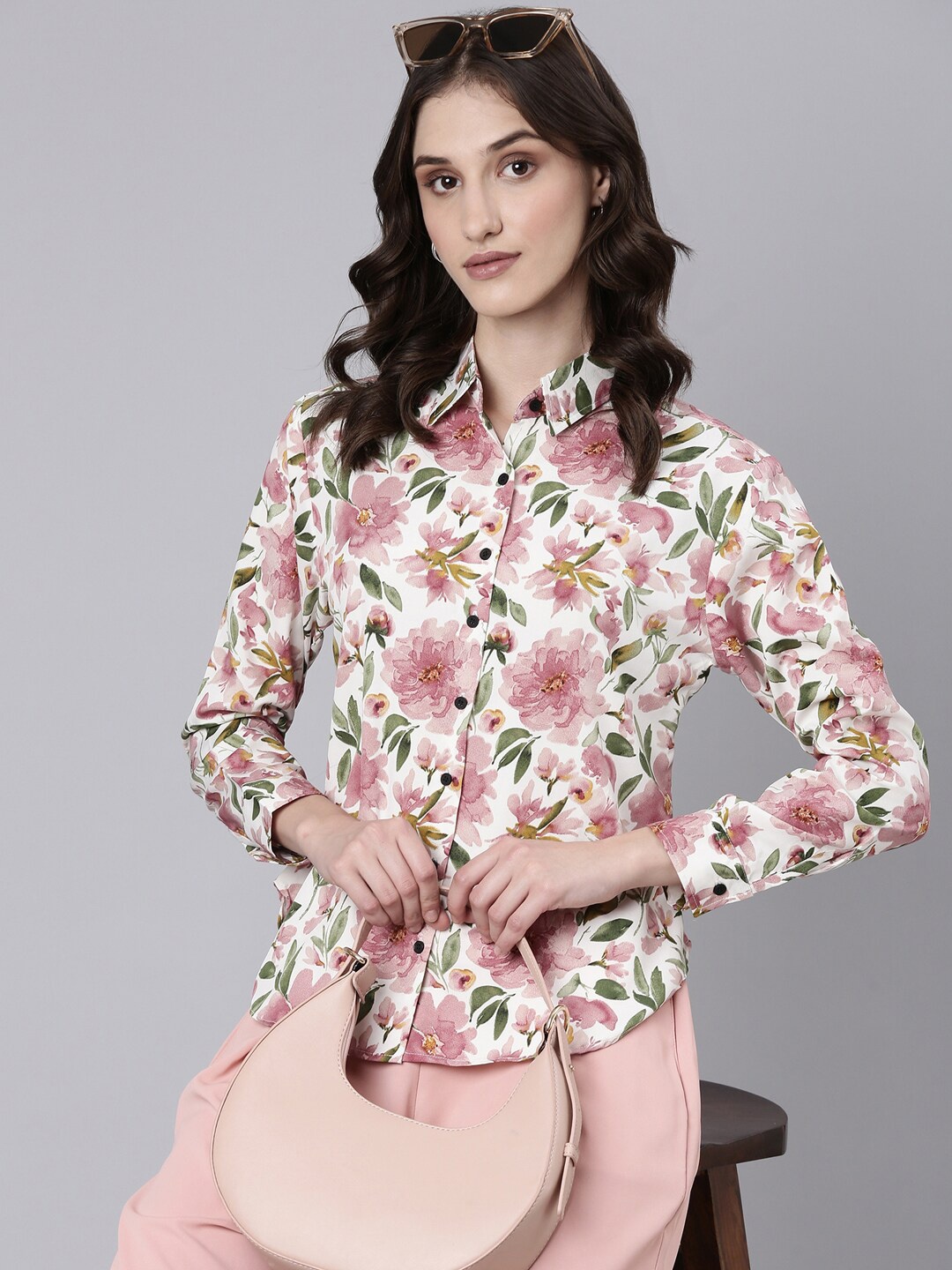 

SHOWOFF Floral Printed Shirt Collar Shirt & Palazzo, Peach