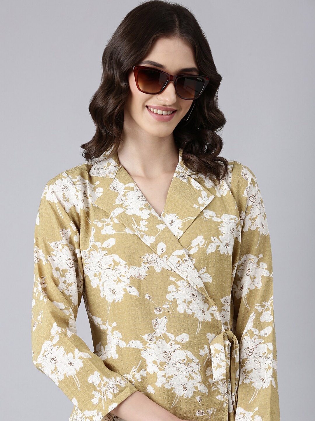 

SHOWOFF Floral Printed Shawl Neck Top With Flared Palazzos Co-Ords, Mustard