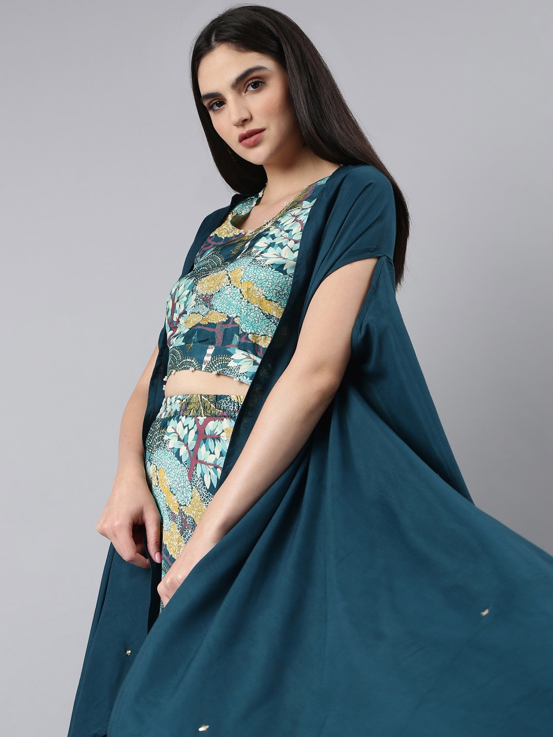 

SHOWOFF Printed Top & Palazzo With Jacket, Teal