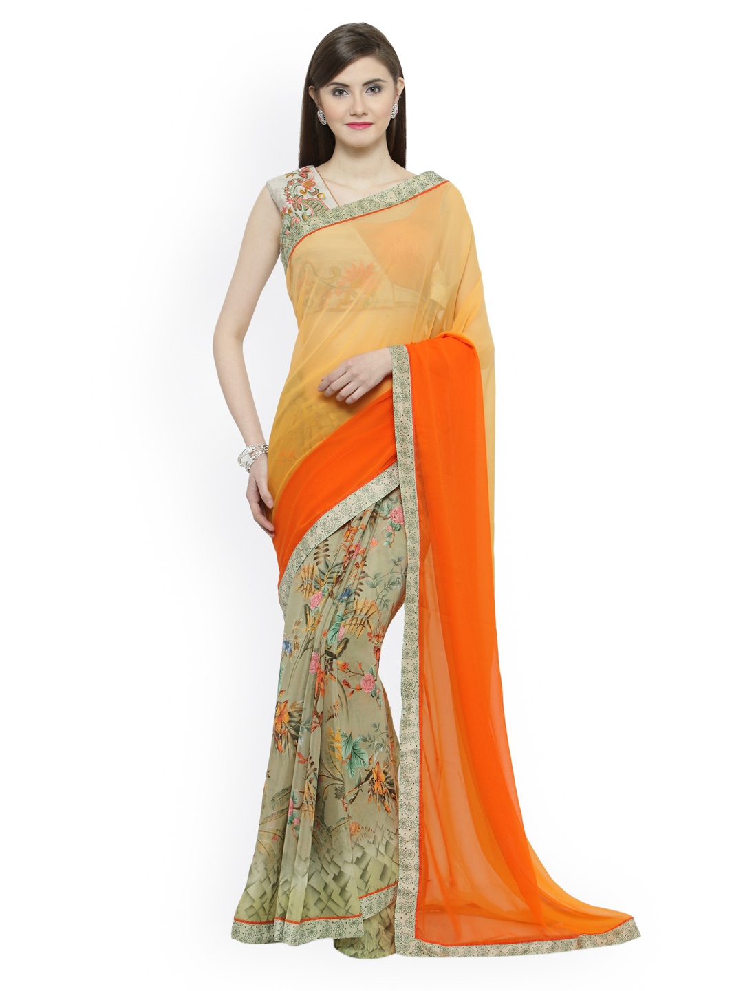 

Shaily Orange & Green Pure Georgette Printed Saree