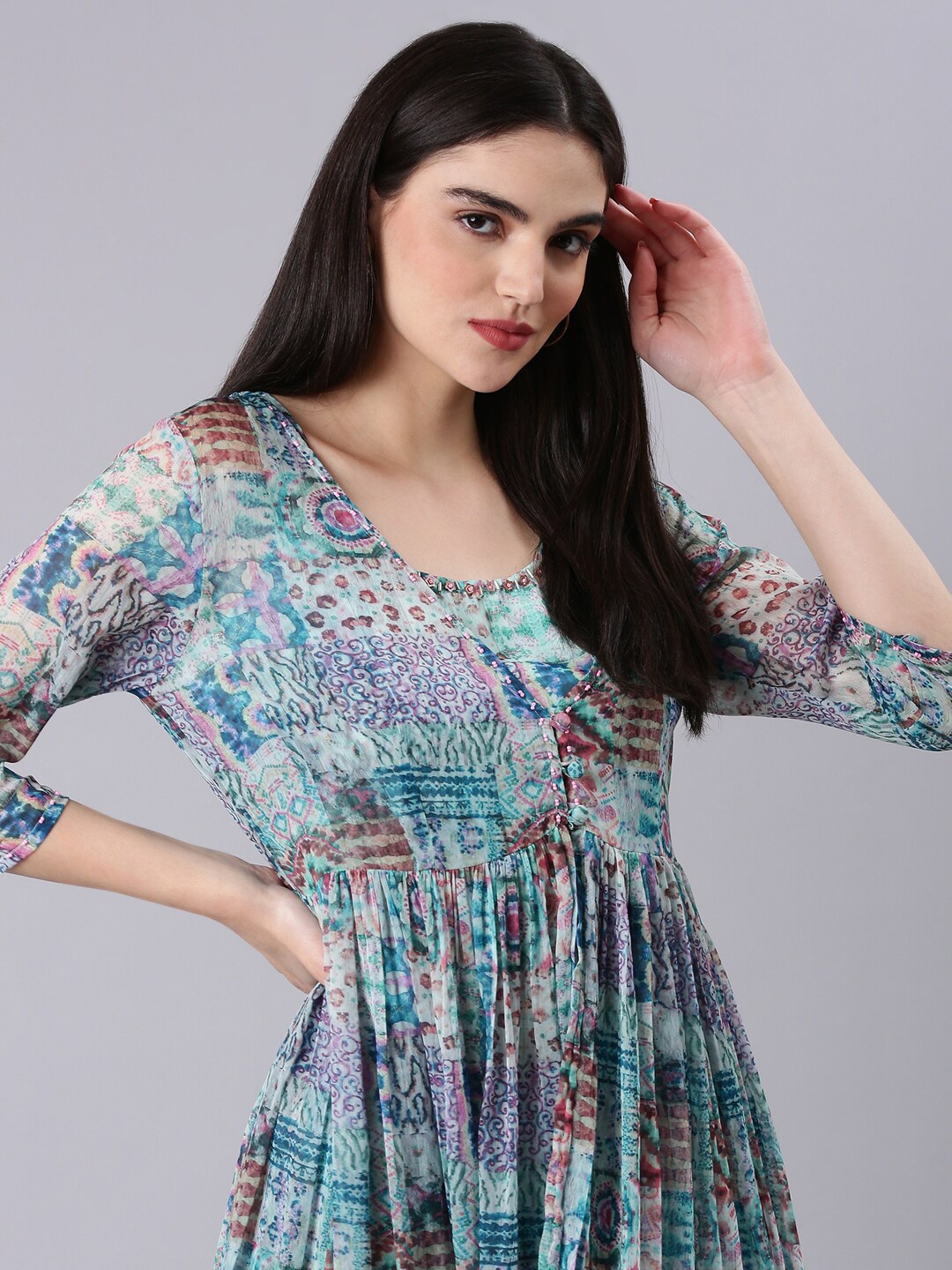 

SHOWOFF Printed Top & Palazzo With Jacket, Sea green