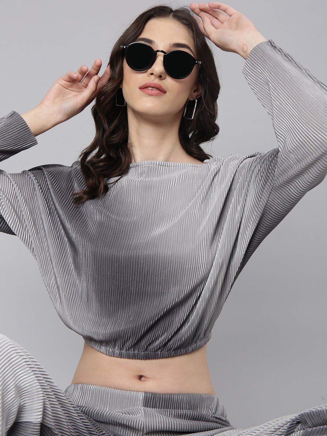 

SHOWOFF Long Sleeves Boat Neck Dyed Top With Trouser, Grey