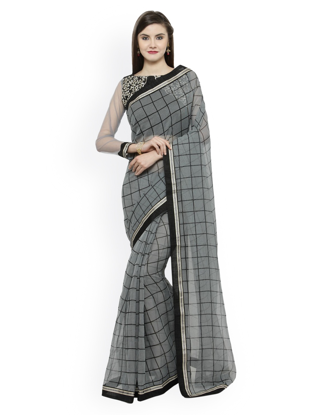 

Shaily Grey Printed Net Saree