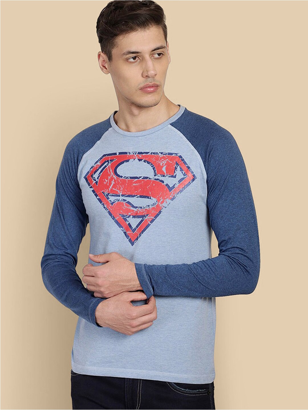 Free Authority Superman Printed Round Neck Raglan Sleeves Cotton T-Shirt, Blue
