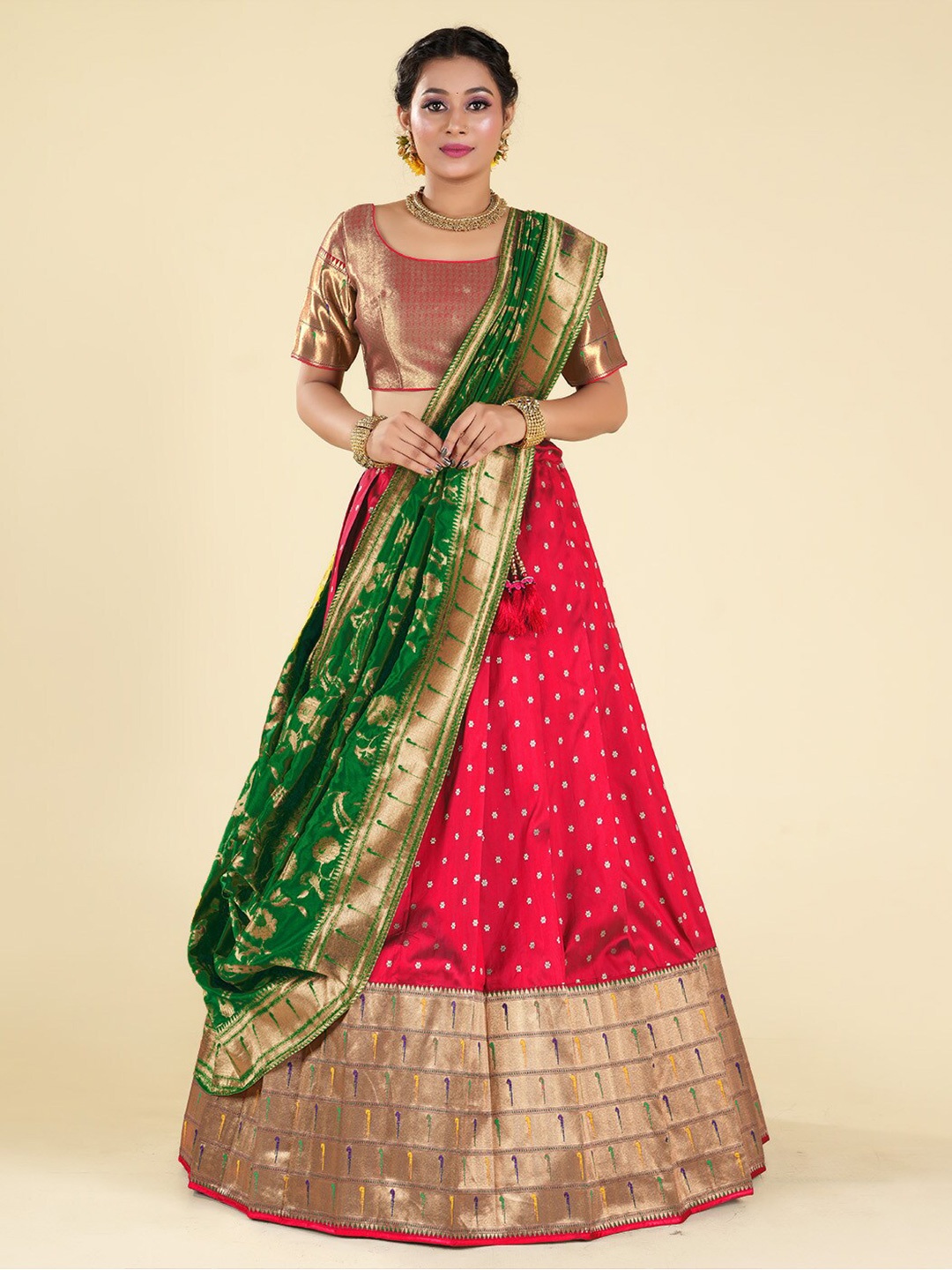

HALFSAREE STUDIO Semi-Stitched Lehenga & Unstitched Blouse With Dupatta, Red