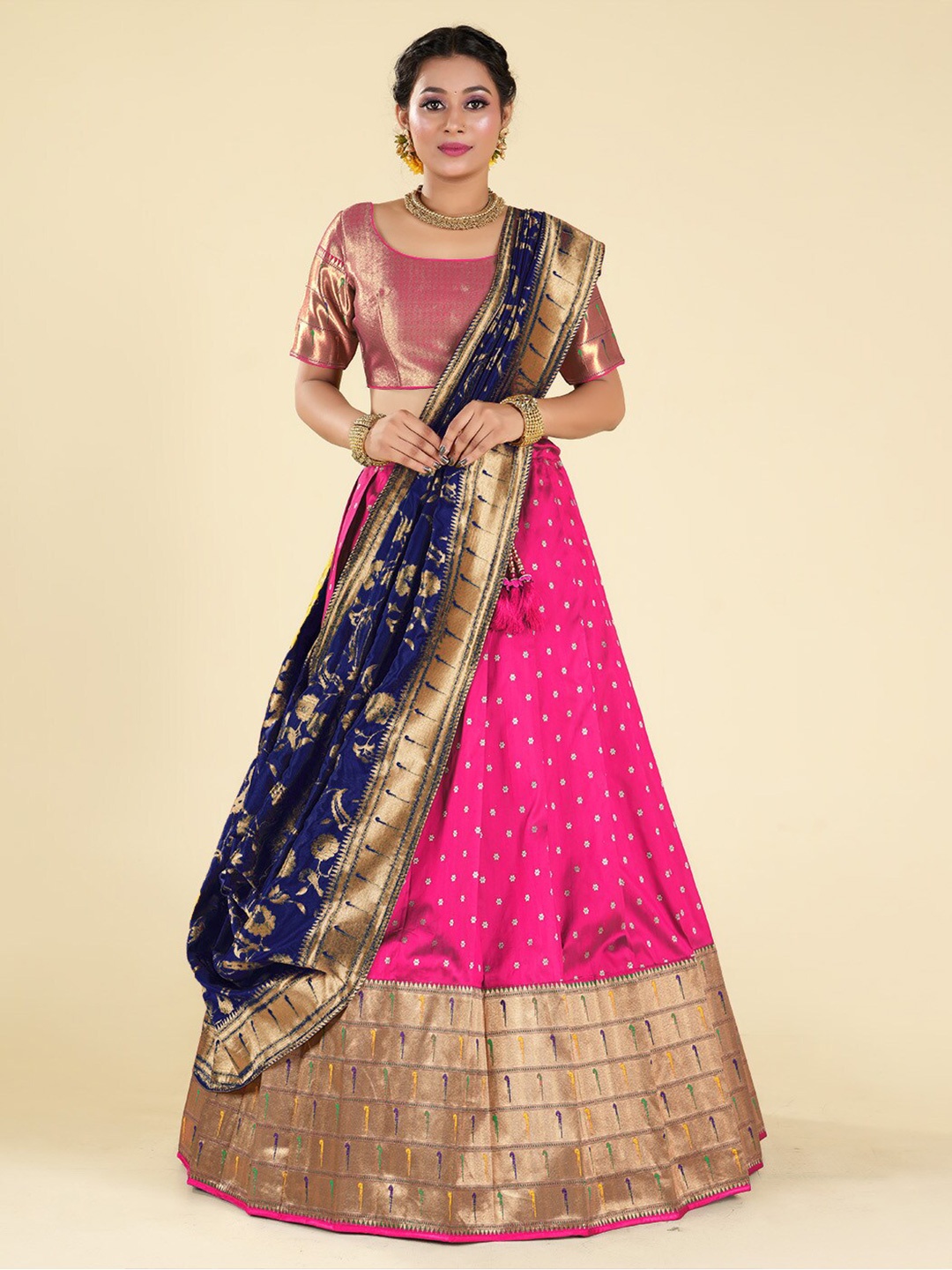 

HALFSAREE STUDIO Semi-Stitched Lehenga & Unstitched Blouse With Dupatta, Pink