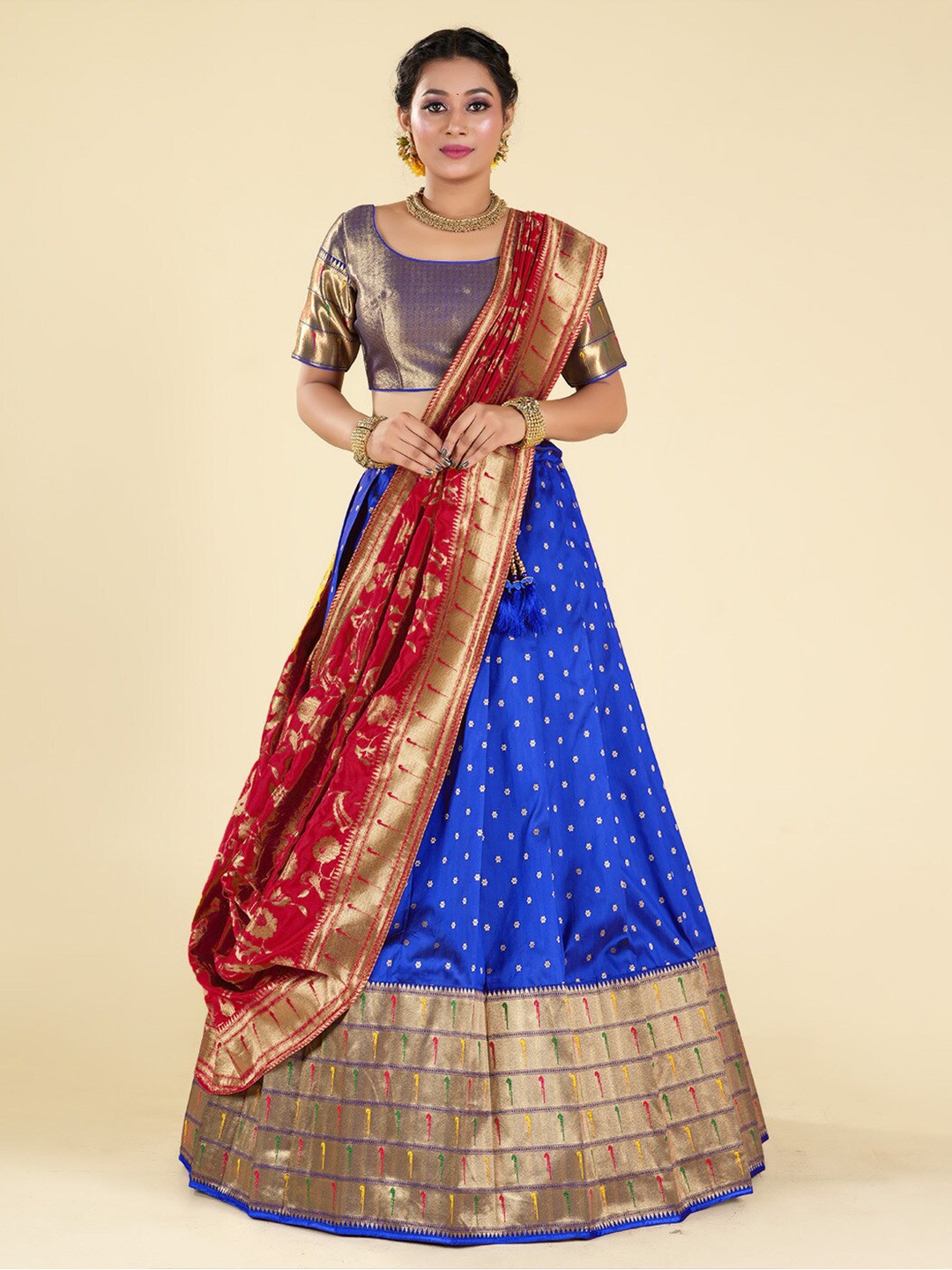 

HALFSAREE STUDIO Semi-Stitched Lehenga & Unstitched Blouse With Dupatta, Blue
