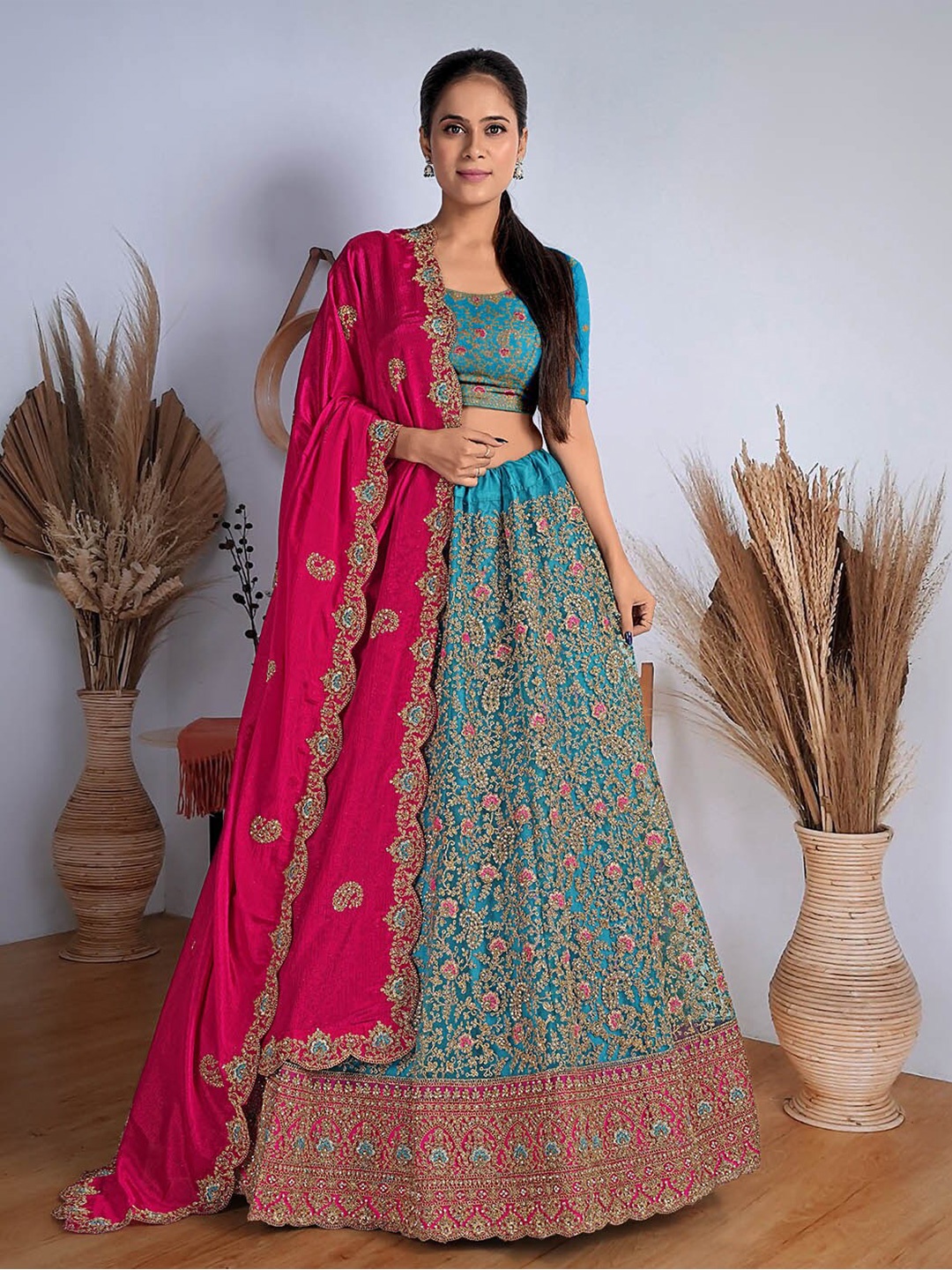 

HALFSAREE STUDIO Embroidered Beads and Stones Semi-Stitched Lehenga Choli, Blue