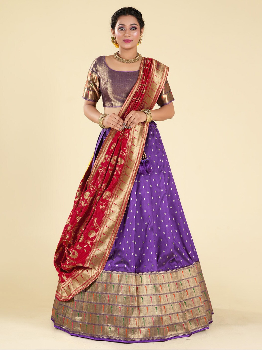 

HALFSAREE STUDIO Semi-Stitched Lehenga & Unstitched Blouse With Dupatta, Purple