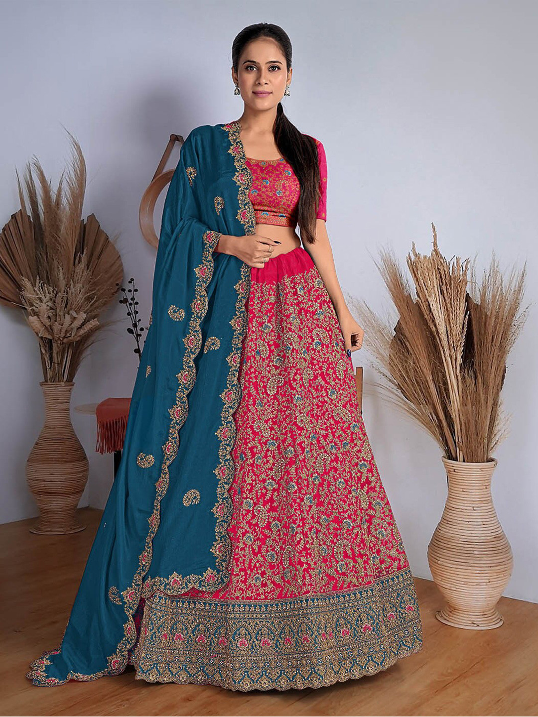 

HALFSAREE STUDIO Embroidered Beads and Stones Semi-Stitched Lehenga Choli, Pink