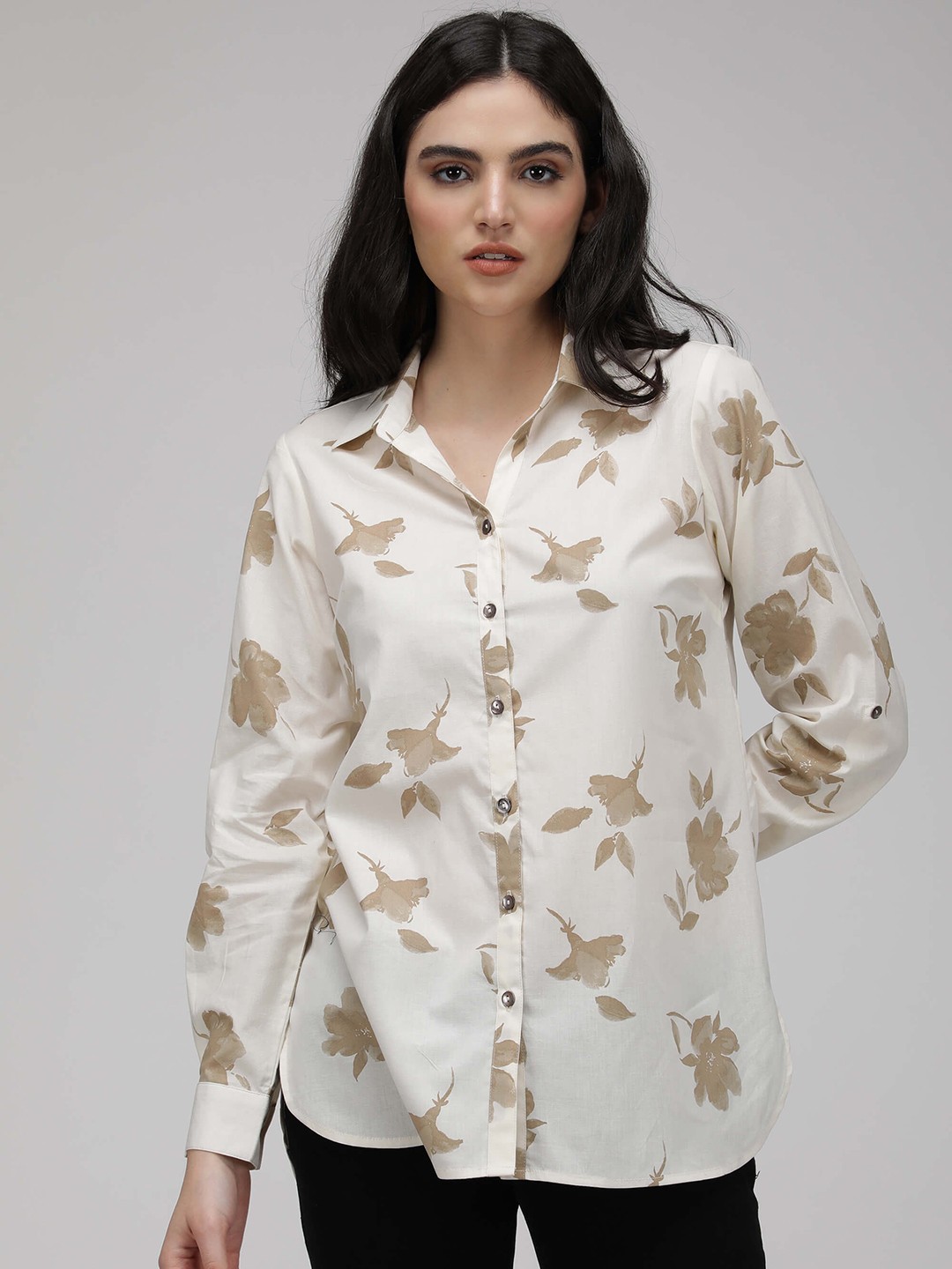 

IDK White Floral Print Mandarin Collar Shirt Style Top
