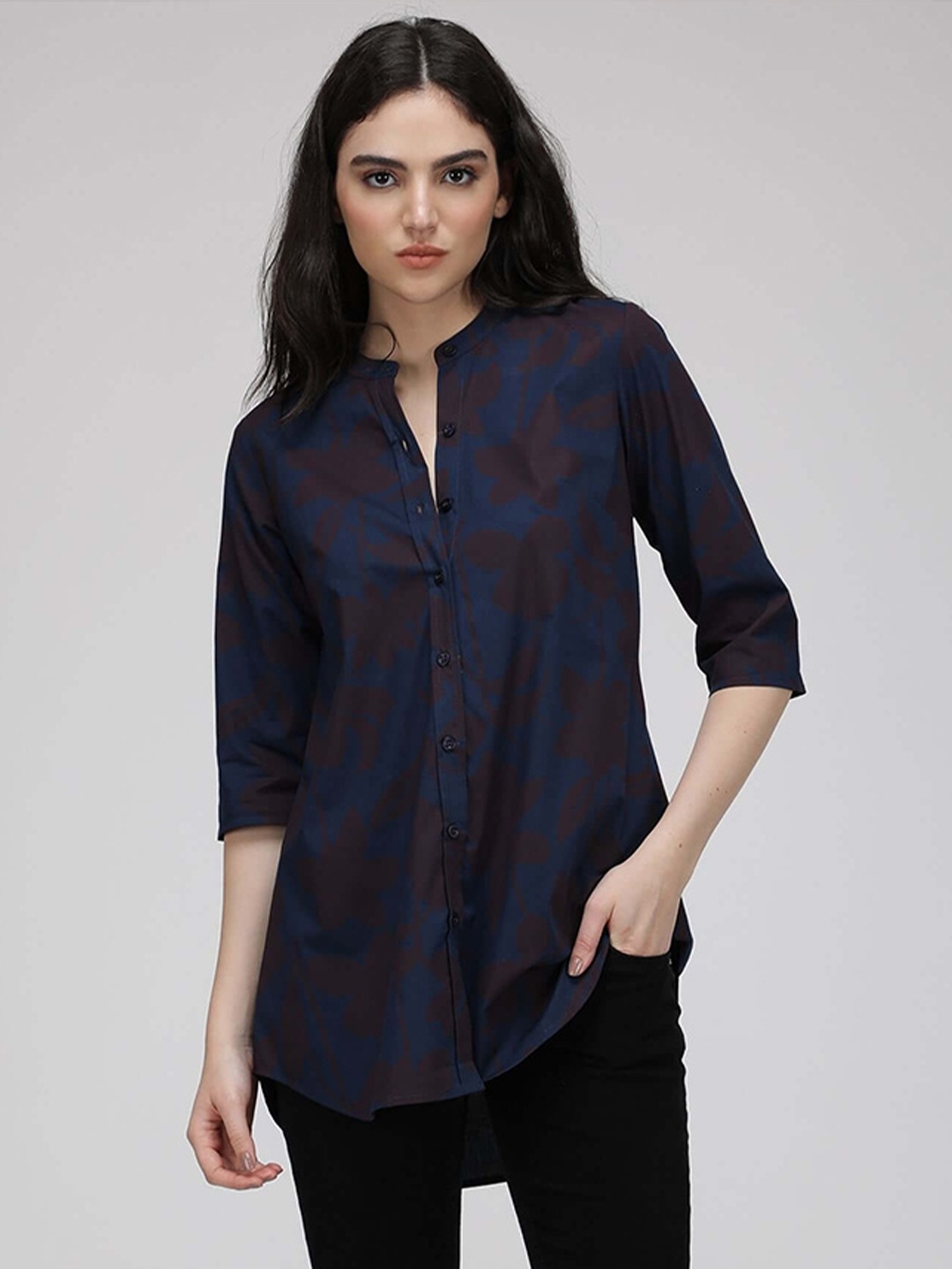 

IDK Abstract Printed Mandarin Collar Longline Shirt Style Top, Blue