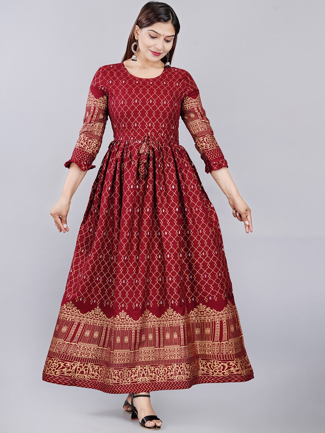 

AAYUMI Geometric Printed Gathered Detailed Pleated Anarkali Kurta, Maroon