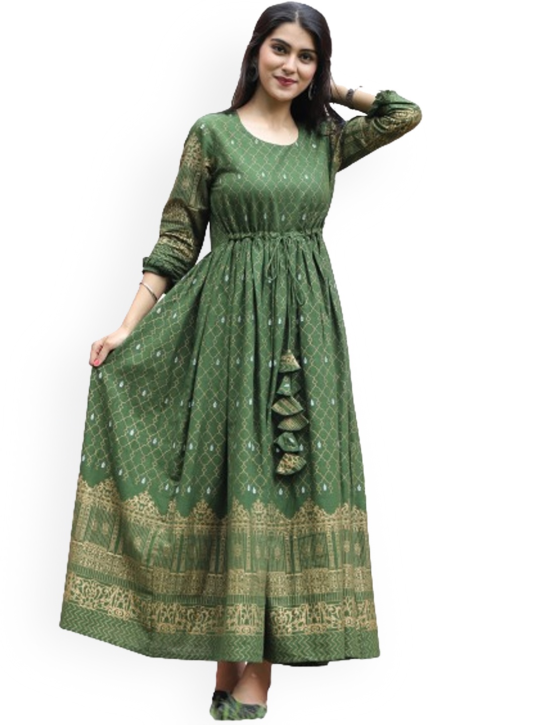 

AAYUMI Ethnic Motifs Woven Design Puff Sleeves Anarkali Kurta, Green