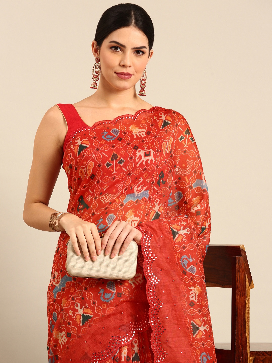 

Simaaya Ethnic Motifs Printed Mirror Work Silk Cotton Saree, Red