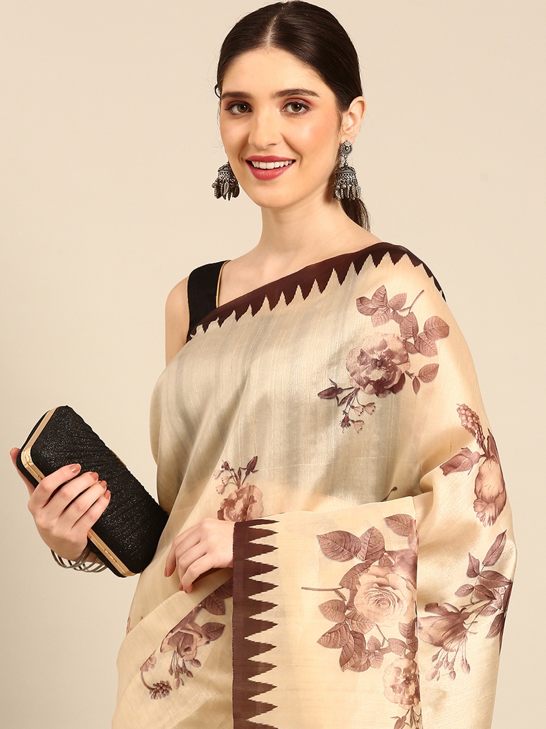 

Simaaya Floral Print & Checked Silk Cotton Saree, Cream