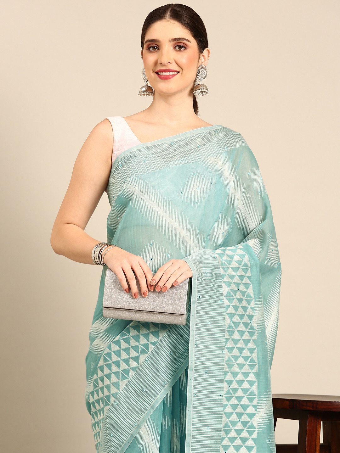 

Simaaya Geometric Woven Design Mirror Work Silk Cotton Saree, Blue