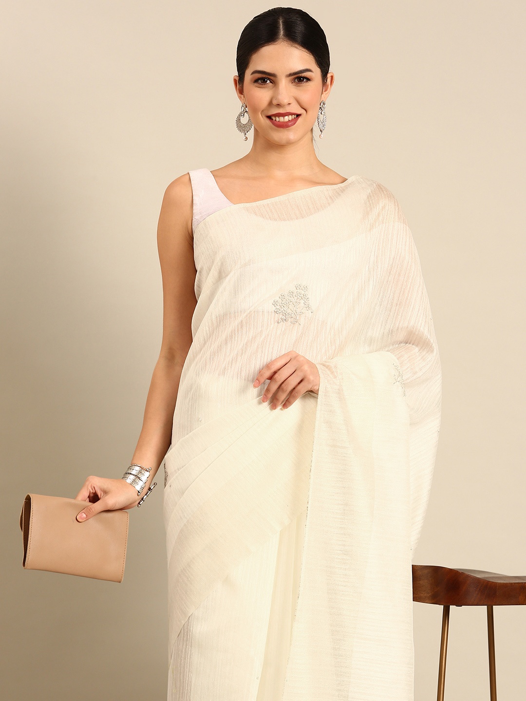 

Simaaya Floral Faux Pearls Embellished Pure Silk Saree, Off white