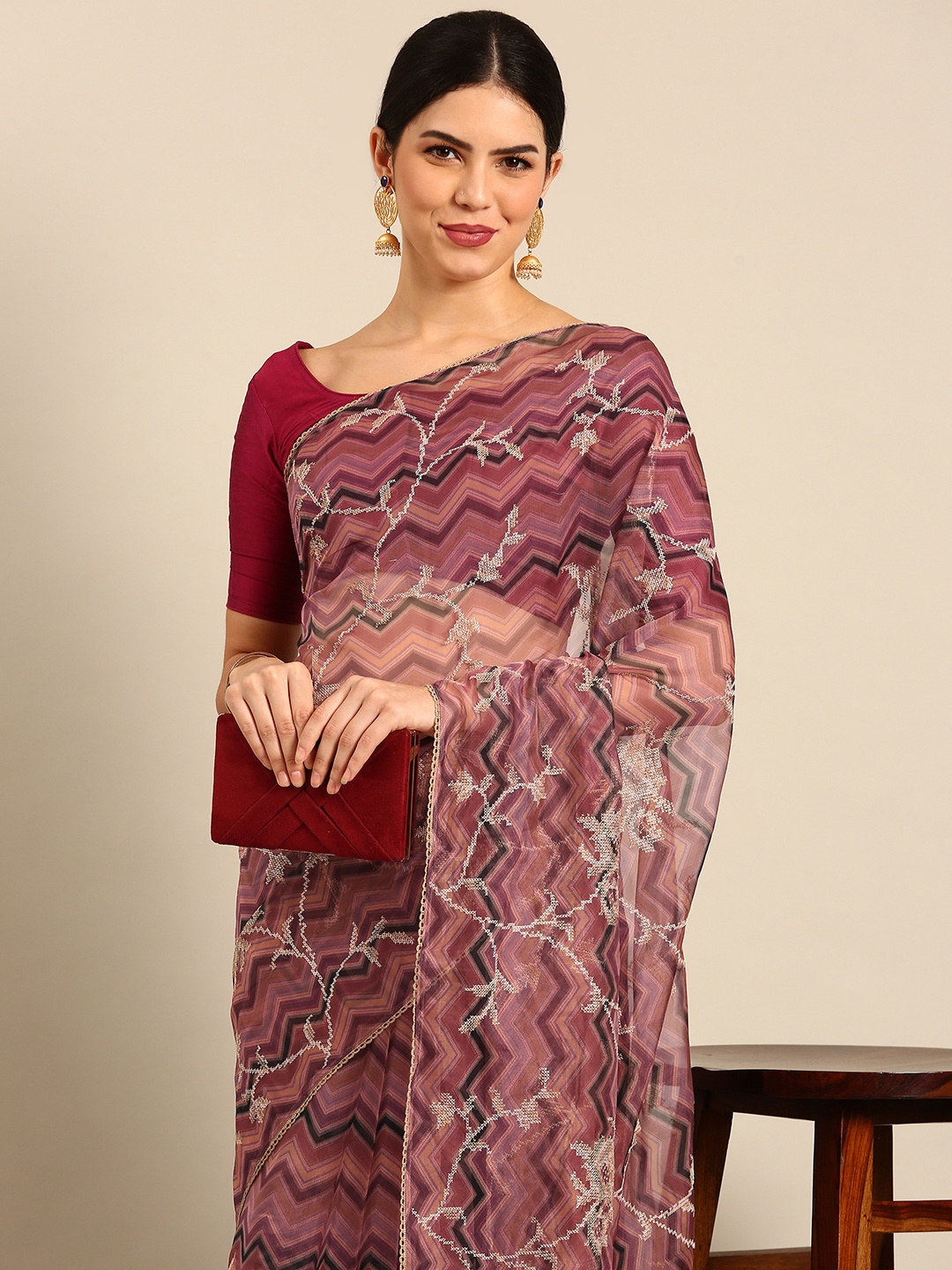 

Simaaya Chevron Print & Embroidered Organza Saree, Maroon