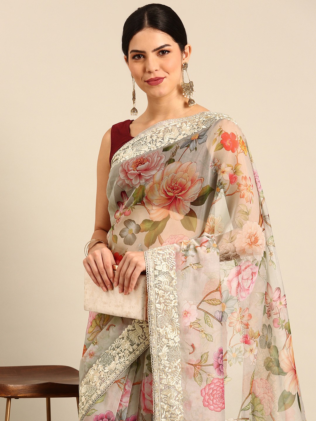 

Simaaya Floral Print & Embroidered Organza Saree, Grey