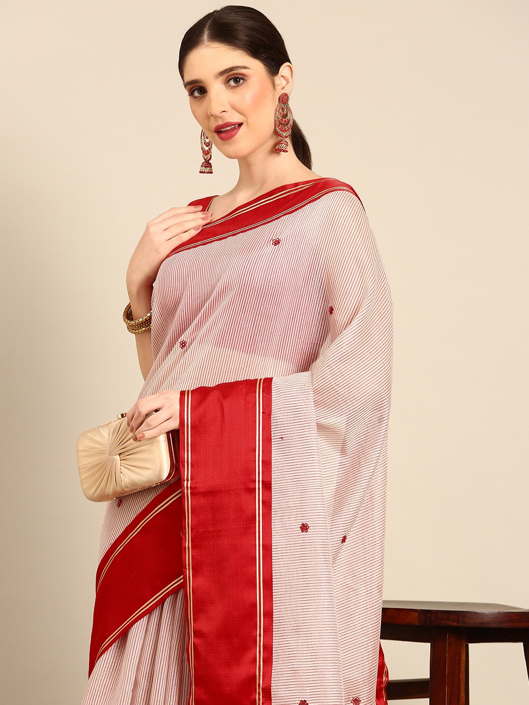 Simaaya Striped Mirror Work Embroidered Kota Saree, Red