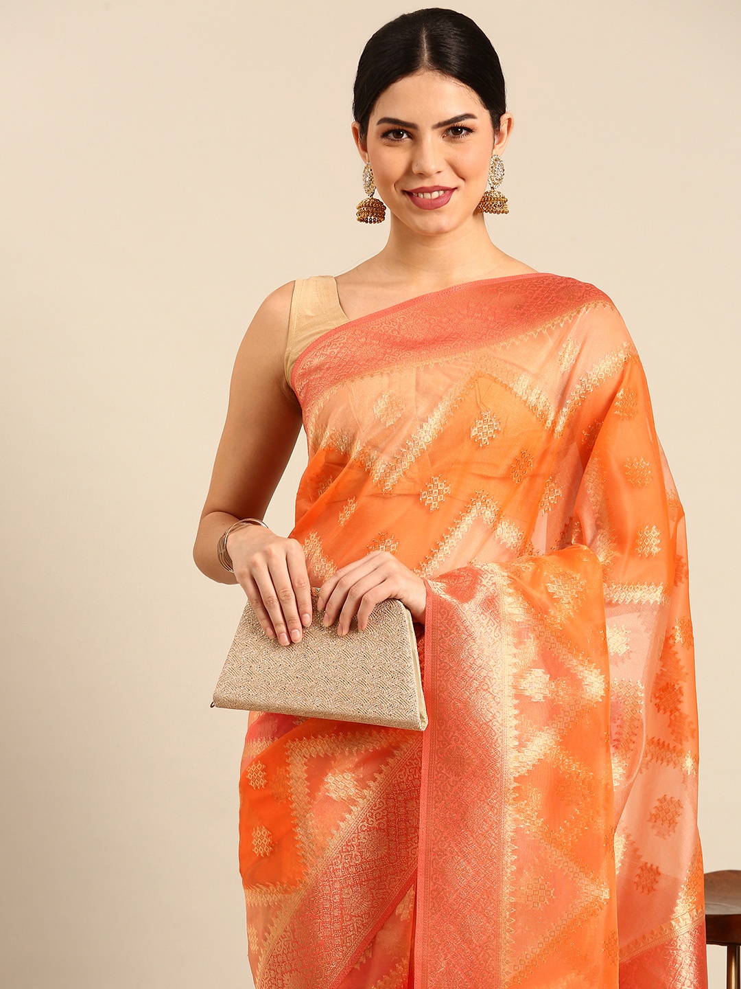

Simaaya Woven Design Zari Organza Saree, Orange