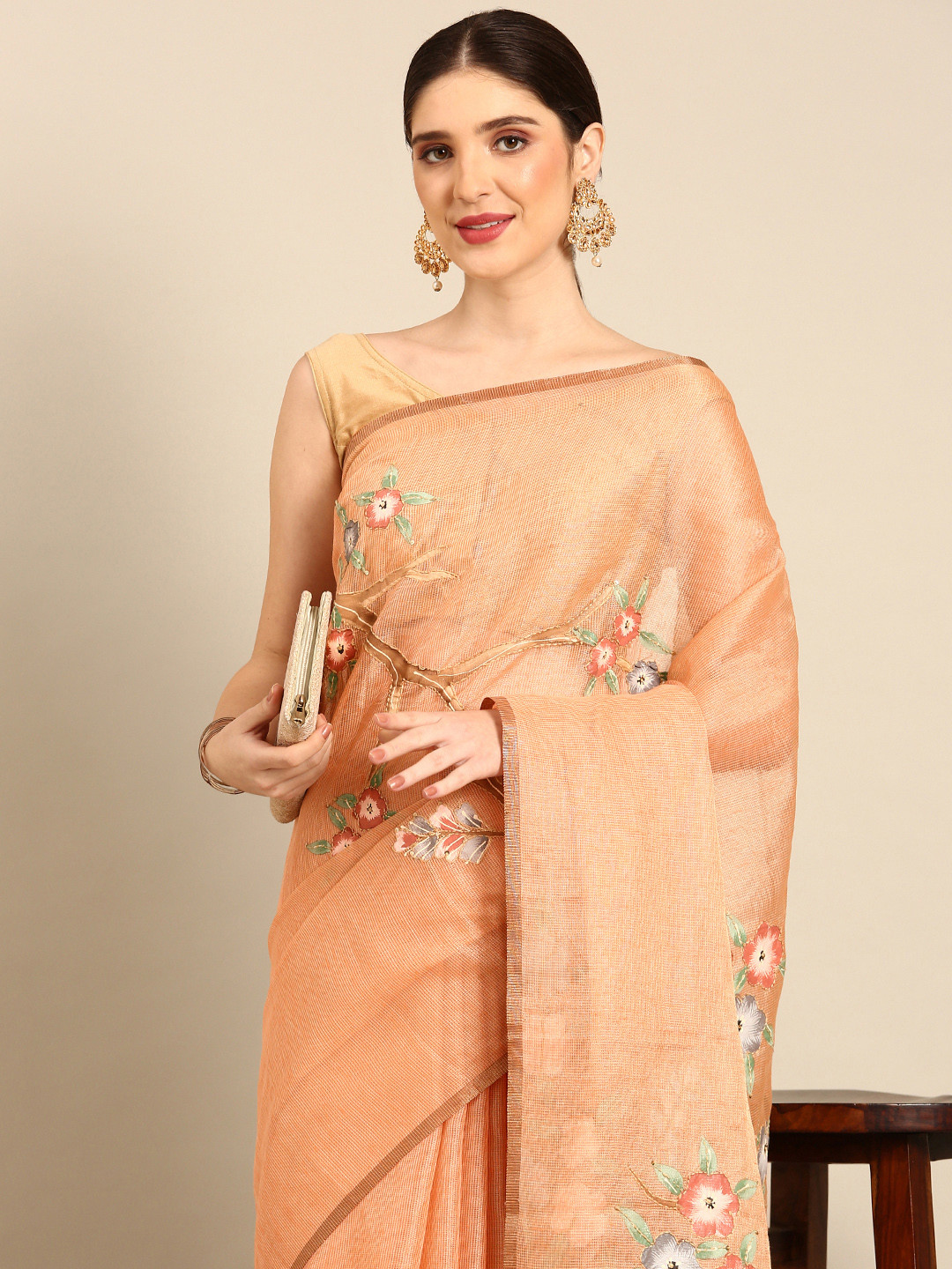 

Simaaya Floral Embroidered Kota Saree, Peach